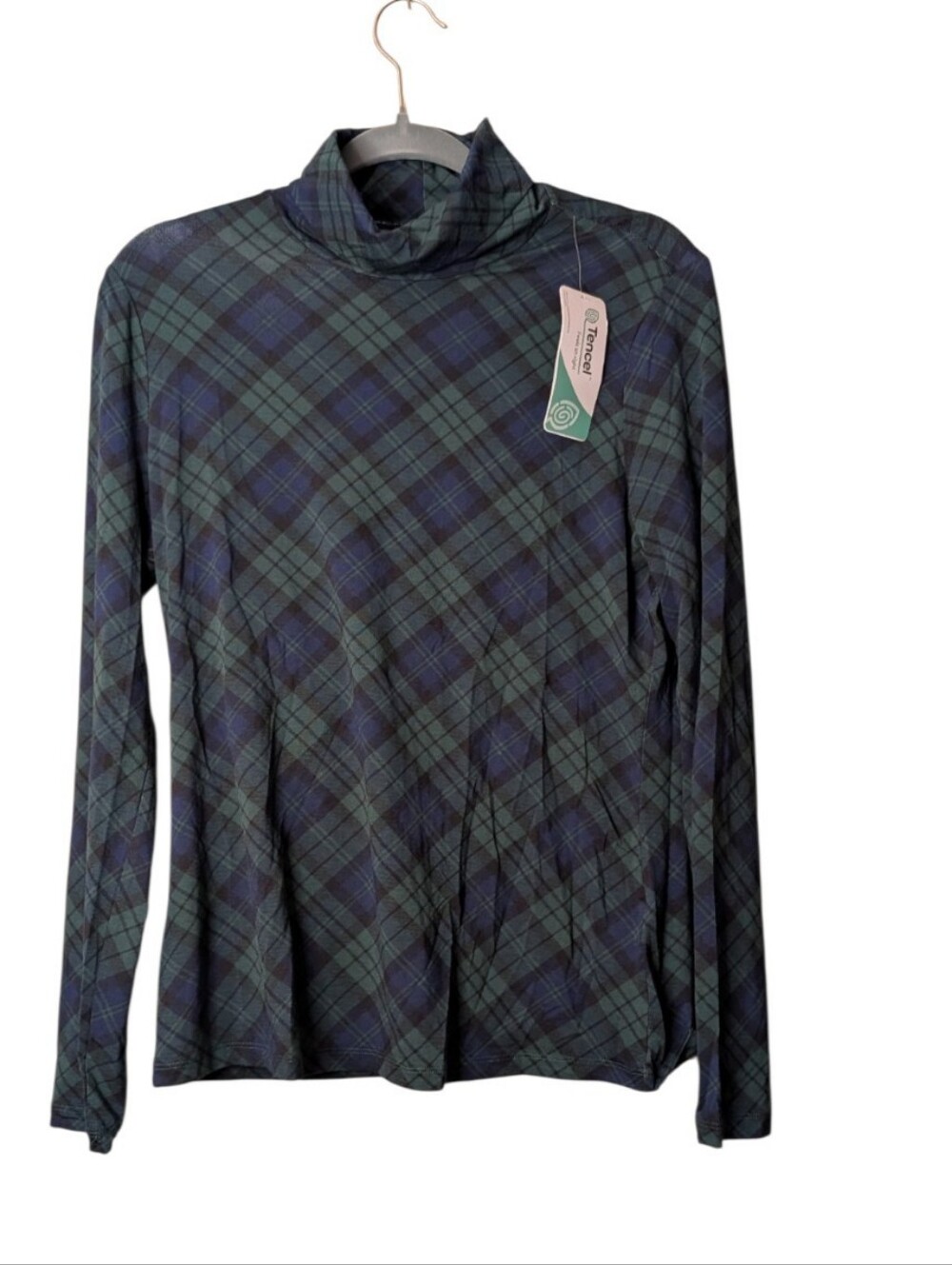 NWT Lands' End Blackwatch Plaid Tencel Jersey Turtleneck Top green-blue Medium